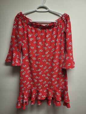 Ripe Floral Off Shoulder Mini Dress Women's S/M Red Bell Sleeve Ruffle Hem